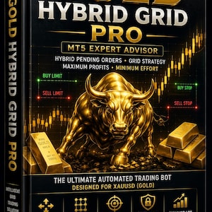 Könnte beinhalten: Ein schwarzes Buchcover mit dem Titel GOLD HYBRID GRID PRO MT5 EXPERT ADVISOR, das eine goldene Bullenstatue, Goldbarren und Handelsdiagramme zeigt. Der Text umfasst HYBRID PENDING ORDERS, GRID STRATEGY, MAXIMUM PROFITS und MINIMUM EFFORT.