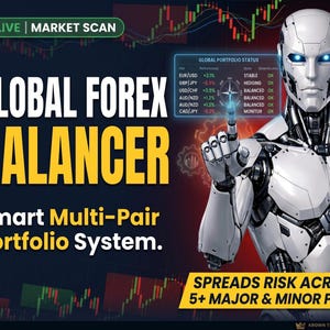 Könnte beinhalten: Digitales Grafikdesign, das einen "Global Forex Balancer" bewirbt, mit einem futuristischen Roboter, der auf einen Bildschirm mit Währungspaar-Daten zeigt. Text enthält "Smart Multi-Pair Portfolio System" und "Spreads Risk Across 5+ Major & Minor Pairs."