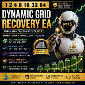 May include: A digital advertisement for Dynamic Grid Recovery EA, an automated trading bot for MT5. It features a white robot pointing at a rising bar chart with numerical values from 0.01 to 0.64, alongside text detailing trading features.