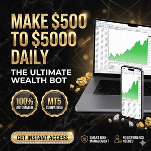 Könnte beinhalten: Eine digitale Anzeige mit einem Laptop und einem Smartphone, die grüne Finanzwachstumscharts anzeigen. Der Text lautet: MAKE $500 TO $5000 DAILY, THE ULTIMATE WEALTH BOT, 100% AUTOMATED, MT5 COMPATIBLE, GET INSTANT ACCESS, SMART RISK MANAGEMENT, NO EXPERIENCE NEEDED.