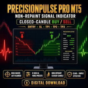 以下が含まれることがあります： コンピューターモニターにPrecisionPulse Pro MT5ノンリペイントシグナルインジケーターソフトウェアが表示されています。画面には、売買シグナル、エントリーポイント、リスクプランナーデータを示す赤と緑のローソク足チャートが表示されています。テキストにはデジタルダウンロードが含まれています。