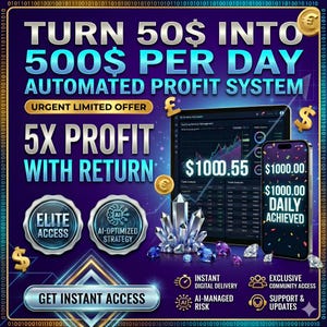 May include: A digital graphic with the text TURN 50$ INTO 500$ PER DAY AUTOMATED PROFIT SYSTEM. It features a tablet and smartphone displaying financial charts and the text 1000.00 DAILY ACHIEVED, surrounded by floating gold currency symbols and crystals.