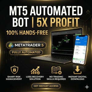 Könnte beinhalten: Eine schwarz-goldene digitale Grafik mit einem Laptop und Smartphone, die Handelscharts und Kontodaten anzeigen. Der Text umfasst MT5 AUTOMATED BOT | 5X PROFIT, 100% HANDS-FREE, METATRADER 5, FULLY AUTOMATED, SMART RISK MANAGEMENT, LOSS RECOVERY SOLUTION, NO TRADING SKILLS REQUIRED, INSTANT DIGITAL DOWNLOAD und GET INSTANT ACCESS.