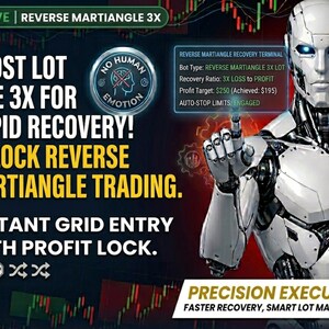 Könnte beinhalten: Ein futuristisches Bild mit einem metallischen Roboter mit leuchtend blauen Augen. Der Text auf dem Bild wirbt für "Reverse Martiangle Trading" mit Funktionen wie "Boost Lot Size 3X" und "Instant Grid Entry". Der Hintergrund ist ein Farbverlauf aus Rot und Schwarz.