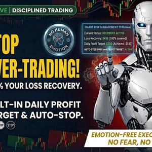 Könnte beinhalten: Ein digitales Bild zeigt einen metallischen Roboter mit blauen Augen und einer Zeigegeste. Der Text lautet "STOP OVER-TRADING!" und "100% YOUR LOSS RECOVERY." Weiterer Text beschreibt ein "SMART RISK MANAGEMENT TERMINAL" mit Finanzdaten.