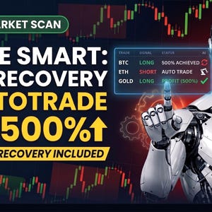Könnte beinhalten: Digitalgrafik, die "Trade Smart: Loss Recovery & Autotrade ROI 500%" bewirbt, mit einem Roboter, der auf eine Handels-Oberfläche zeigt. Der Text "Auto Loss Recovery Included" und ein Marktscan-Indikator sind ebenfalls enthalten.