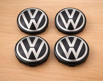 4x VW Nabendeckel 65 mm – Felgendeckel Radkappen für VW (5H0601171) | Passend für Golf, Polo, Passat, Tigua Schwarz/Silber | Neu