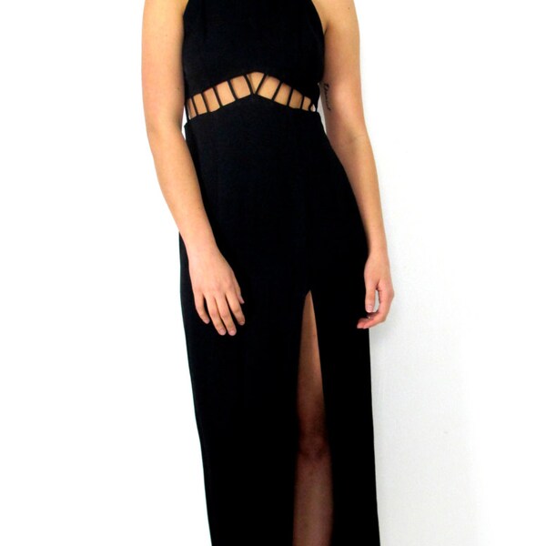 Vintage 1990's Formal Black Maxi Dress With Cut- Out Detail Size Small Medium