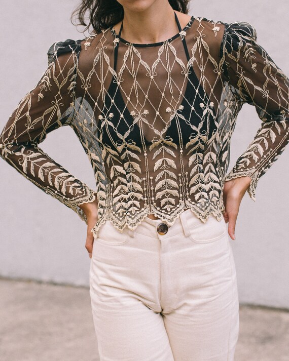 Vintage Ornate Black Gold Sheer Blouse