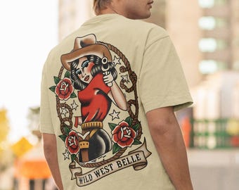 Belle uit het Wilde Westen | T-shirt van het wilde westen | T-shirt | Extra groot | Rock-'n-roll | Vintage rebel | Moto-edgy | Grunge | Festivalkleding | T-shirt Boho