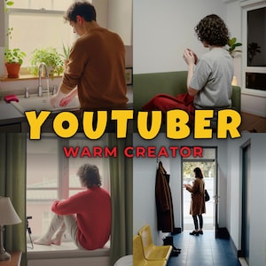 May include: A four-panel collage featuring a person washing hands in a kitchen sink, a person sitting on a green sofa, a person sitting on a windowsill, and a person standing in a doorway. The text YOUTUBER WARM CREATOR is overlaid in the center.