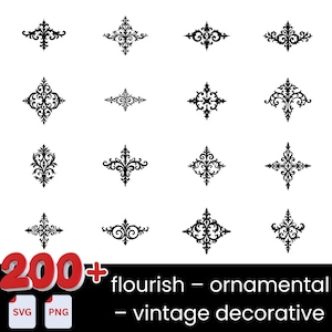 May include: A collection of black ornamental flourishes in various designs. The image includes multiple decorative elements, such as floral and symmetrical patterns, perfect for vintage-themed projects. The text at the bottom reads "flourish - ornamental - vintage decorative".