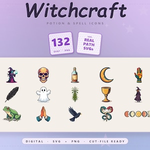 May include: A collection of witchcraft-themed icons, including a witch, skull, bottle, crescent moon, hand, feather, ghost, plant, chalice, frog, praying hands, raven, snake, and phases of the moon. The image includes the text "Witchcraft" and "Potion & Spell Icons".