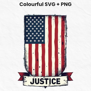 May include: A distressed American flag design in a shield shape, featuring red and white stripes and a blue field of stars. The word "JUSTICE" is displayed on a banner below the flag. The image is labeled "Colourful SVG + PNG".