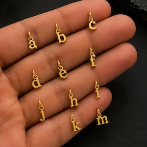 Puede incluir: Una colección de pequeños dijes de metal de color dorado con las letras minúsculas del alfabeto de la a a la m. Cada dije individual incluye una pequeña anilla circular en la parte superior para su fijación, dispuestos en una cuadrícula.