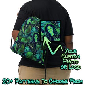 CUSTOM PHOTO LOGO Drawstring Bag | Tropical Pattern Backpack | Personalized Picture Beach Vacation Bag | Family Cruise Aloha Luau Gift