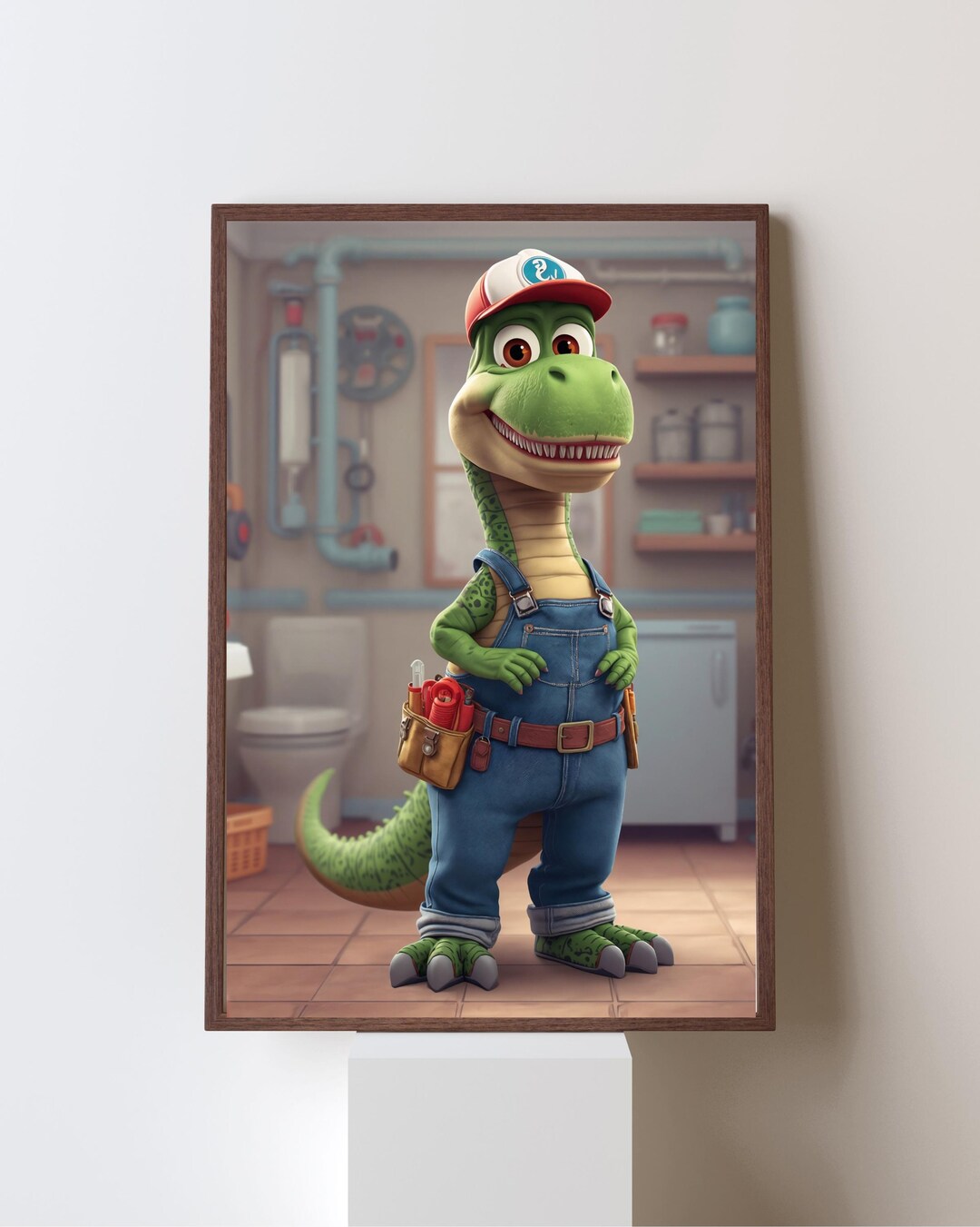 Plumber Dinosaur Wall Art for Kids, Cute Dino Bathroom Decor ...