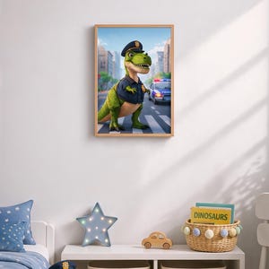 May include: A framed print featuring a green dinosaur in a police uniform, standing on a crosswalk with a police car in the background. The artwork is displayed in a child's bedroom, alongside a teddy bear, star-shaped light, and storage bins.