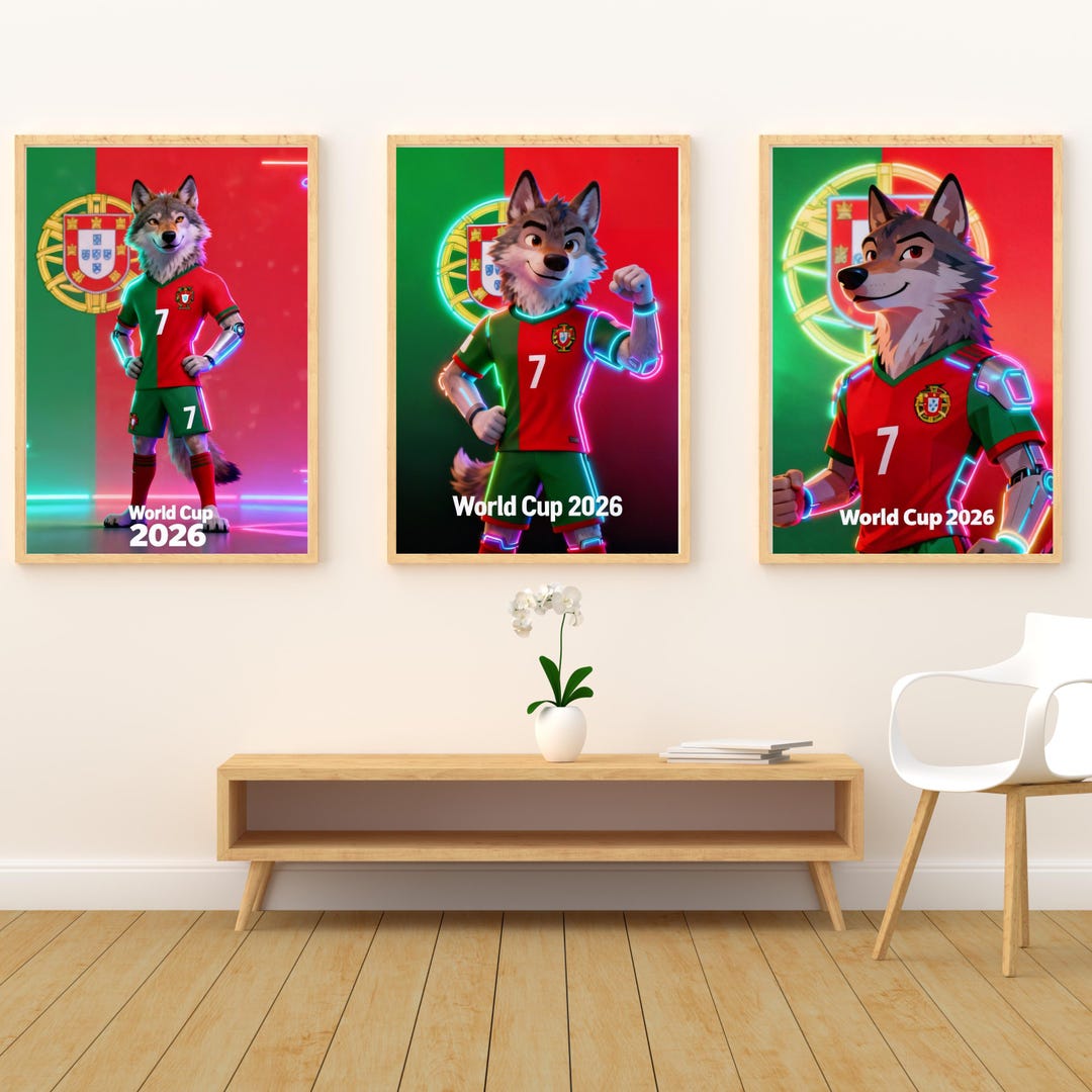 Portugal World Cup 2026 Wolf Mascot Poster Neon Football Art digital portugal-world-cup-2026-wolf-mascot-poster-neon-football-art-digital
