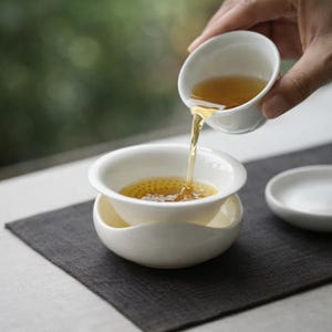May include: A hand pours tea from a small white ceramic cup into a matching tea bowl. The tea is a light amber color. The tea bowl sits on a matching base, with a small saucer to the side. The background is blurred.