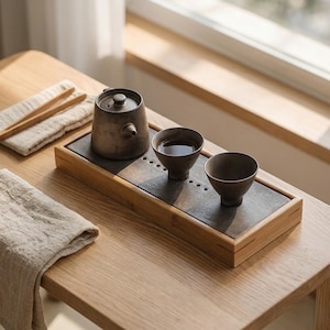 Minimalistisch ritueel houten theeblad – bamboe en keramiek - Japans minimalisme