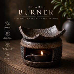 May include: A ceramic burner with a dark brown, textured finish. The burner has a curved top and a lower section with a small, lit candle. Text on the image reads "CERAMIC BURNER" and "ELEVATE YOUR SPACE, CALM YOUR MIND."