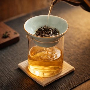 May include: A clear glass tea infuser with a light blue ceramic strainer and a gold rim. Dark tea leaves are in the strainer as hot water is poured into the infuser. The tea is a golden color.