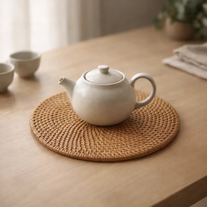 Peut inclure: Une théière en céramique blanche avec un corps arrondi, un bec verseur et une anse repose sur un dessous-de-plat rond en osier brun clair. La théière a un couvercle assorti avec un petit bouton. Deux petites tasses blanches sont visibles en arrière-plan.