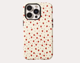Cream Tiny Strawberry Print Phone Case, Cute Red Heart Pattern Cover for iPhone 17 16 15 14 13 12 Mini X XS XR SE , Samsung S26 S25 S24