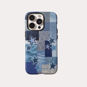 iPhone-Hülle mit Denim-Patchwork-Sternmuster, Grunge-Y2K-Coquette-Stoffhülle mit Struktur, passend für iPhone 17, 16, 15, 14, 13, 12 Pro Max Plus und Samsung S26, S25 Ultra