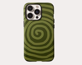Olive Green Hypnotic Spiral Phone Case, 70s Retro Abstract Cover, Trippy Swirl Design iphone 17 16 15 14 13 12 11 Pro Max,Sumsung S25 S24