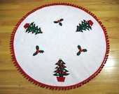 White Felt Tree Skirt, Christmas Trees and Holly, Red Pom Pom Fringe