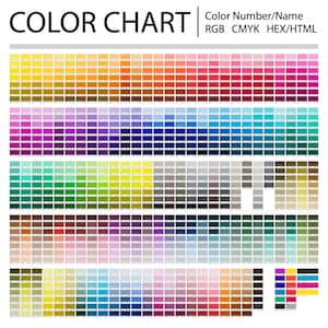Può includere: Una tabella dei colori con il titolo "COLOR CHART" in alto. La tabella presenta una griglia di campioni di colore disposti in righe, che mostra un ampio spettro di tonalità, dagli arancioni e rossi caldi ai blu e verdi freddi. La tabella include anche informazioni sul numero e il nome del colore.
