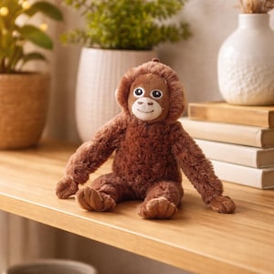 Pode incluir: Um brinquedo de pelúcia de orangotango marrom com um rosto sorridente e braços estendidos está sentado em uma prateleira de madeira. O bicho de pelúcia tem um capuz e é cercado por plantas decorativas e livros. O brinquedo tem aproximadamente 25 cm de altura.