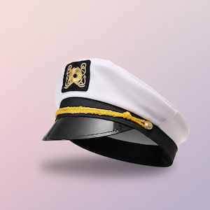 May include: White captain's hat with a black brim and band. The hat features a gold emblem on the front and a gold rope detail around the base. A classic nautical accessory.