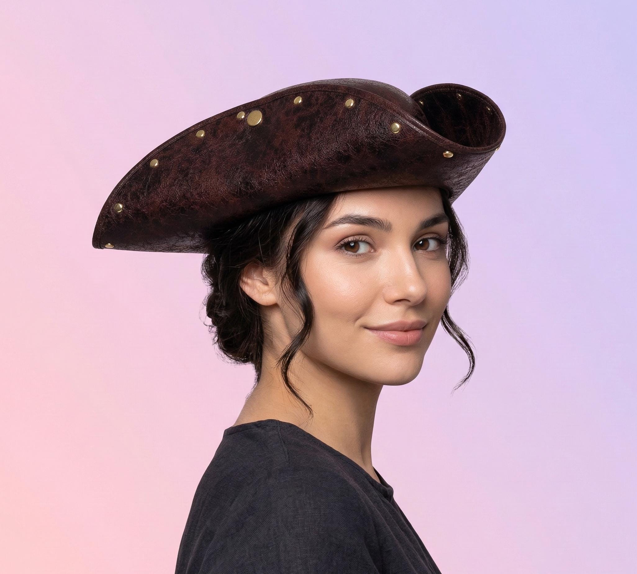 Studded Brown Tricorn Pirate Hat - Faux Leather Colonial Hat With Metal ...