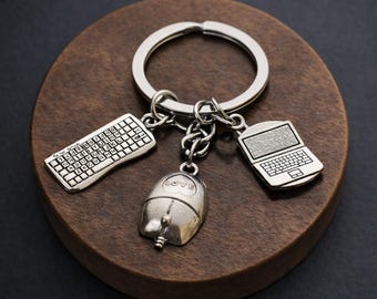 Computer Keychain, Laptop Keyboard Mouse Charm, Programmer Tech Gift