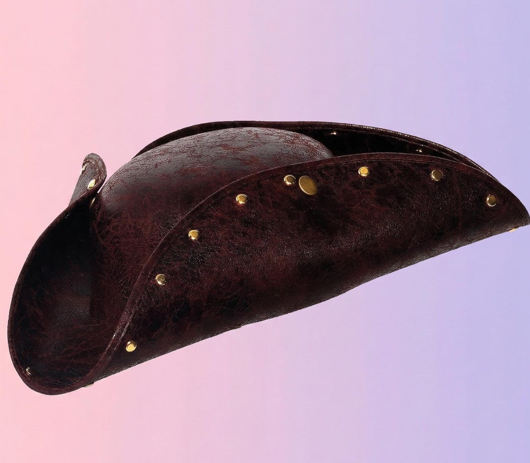 Studded Brown Tricorn Pirate Hat - Faux Leather Colonial Hat With Metal ...