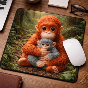 Może przedstawiać: Prostokątna podkładka pod mysz z szczegółową ilustracją dwóch orangutanów. Większy orangutan ma czerwonopomarańczowe futro i obejmuje mniejszego, szarego orangutana. Tło przedstawia bujną scenę leśną.