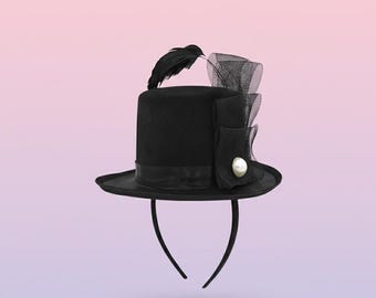 Black Mini Top Hat Fascinator, Gothic Tea Party Style, Elegant Headpiece