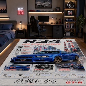 Nissan Skyline R34 Poster Rug, Vintage Supercar Area Rug, Retro Car Enthusiast Decor, Man Cave Garage Carpet, Sports Car Art Rug,