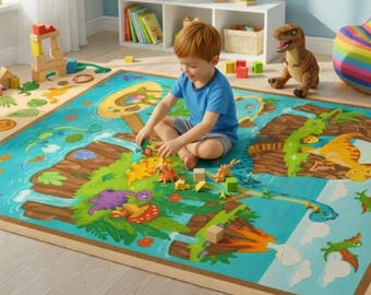 Kids Dinosaur Play Rug, Educational Dino Carpet, Nursery Playroom Decor