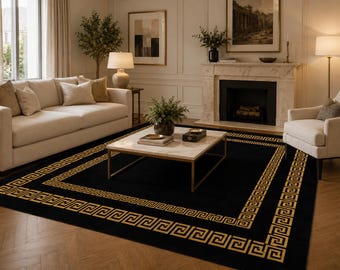 Schwarzgold Griechischer Schlüssel Teppich, Luxus Randbereich Teppich, Eleganter Wohnzimmer Teppich, Moderner Klassischer Teppich, Statement Wohnkultur Teppich