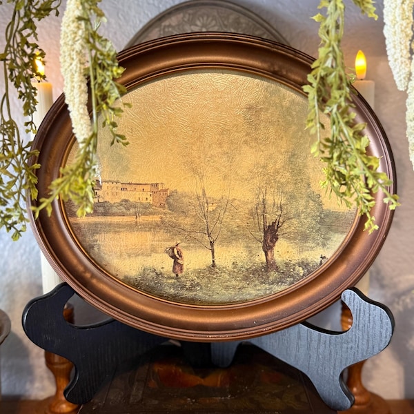Vintage Round Pastoral Landscape Print, Framed Countryside Wall Art, French Country Cottagecore Landscape Picture