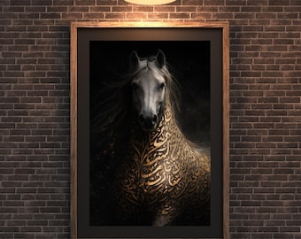 May include: A framed art print featuring a white horse adorned with a golden calligraphy pattern. The artwork is set against a dark backdrop and enclosed in a wooden frame. The print is displayed on a brick wall.