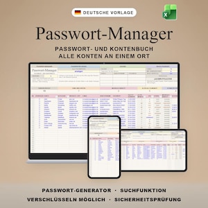 Lösenordshanterare Excel-mall, lösenord och kontobok | Tyska | Hantera lösenord med sökning, generator och säkerhetskontroll