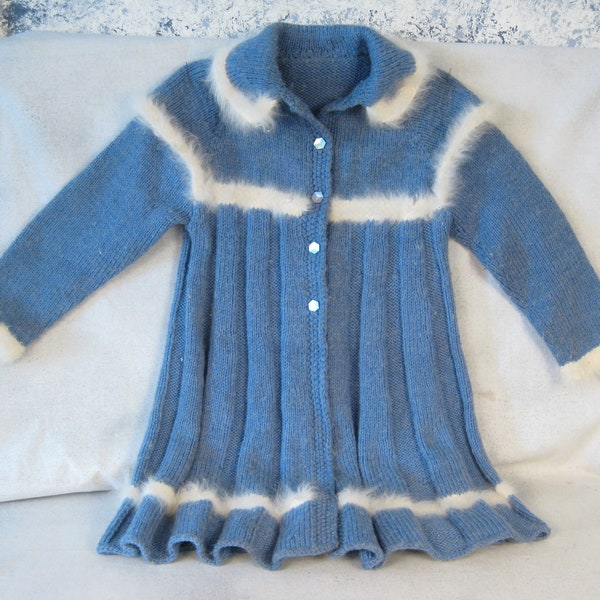 Vintage 1970s Hand Knit Girl's Coat Blue w/ White Angora Trim Size 7