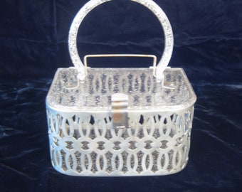 Vintage 1950s Lucite and Metal Filligree Box Bag Clear/Silver with Glitter MCM Mid-Century
