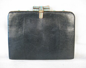 Vintage Snakeskin Clutch w/ Turquoise Clasp and Bright Leather Lining 1960s? Unmarked