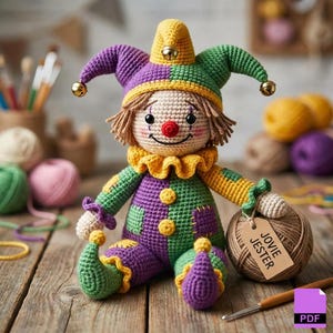Può includere: Bambola da giullare all'uncinetto fatta a mano in viola, verde e giallo. La bambola ha un viso sorridente con un naso rosso, un colletto a balze e un cappello abbinato con campanelli. Accanto alla bambola c'è un gomitolo di lana con l'etichetta "JOVIE JESTER".